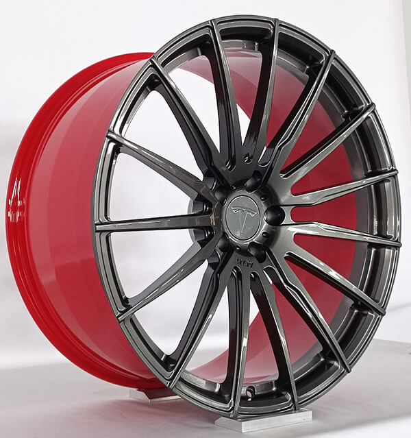 tesla red and grey wheels